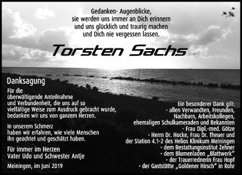 Traueranzeige von Torsten Sachs von Südthüringer Presse