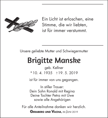 Traueranzeige von Brigitte Manske von Südthüringer Presse