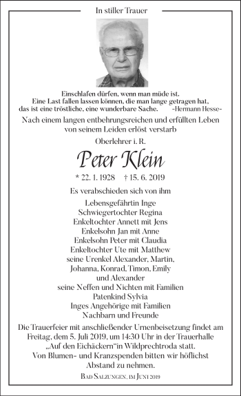 Traueranzeige von Peter Klein von Südthüringer Presse