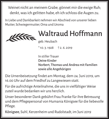 Traueranzeige von Waltraud Hoffmann von Südthüringer Presse