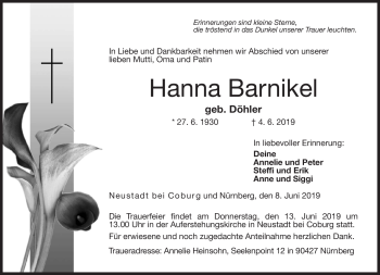 Traueranzeige von Hanna Barnikel von Neue Presse Coburg