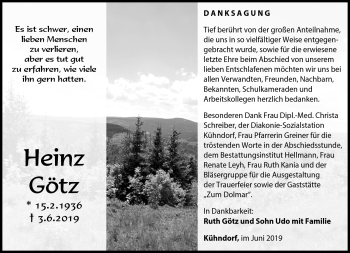 Traueranzeige von Heinz Götz von Südthüringer Presse