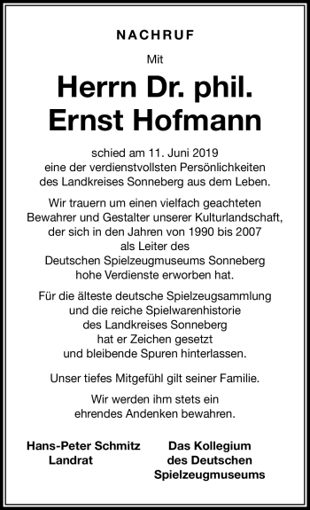 Traueranzeige von Ernst Hofmann von Südthüringer Presse