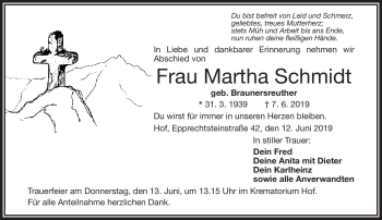 Traueranzeige von Martha Schmidt von Frankenpost