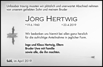 Traueranzeige von Jörg Hertwig von Südthüringer Presse