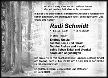 Traueranzeige von Rudi Schmidt von Südthüringer Presse