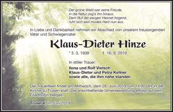 Traueranzeige von Klaus-Dieter Hinz von Südthüringer Presse