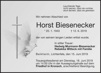 Traueranzeige von Horst Biesenecker von Neue Presse Coburg