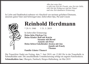 Traueranzeige von Reinhold Herdmann von Südthüringer Presse