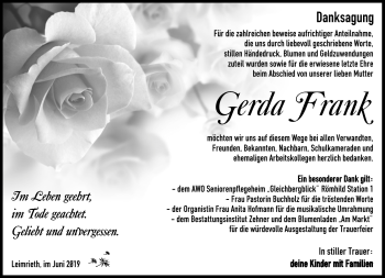 Traueranzeige von Gerda Frank von Südthüringer Presse