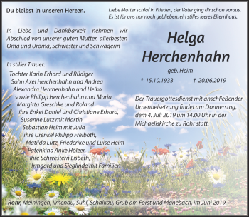 Traueranzeige von Helga Herchenhahn von Südthüringer Presse