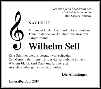 Traueranzeige von Wilhelm Sell von Südthüringer Presse