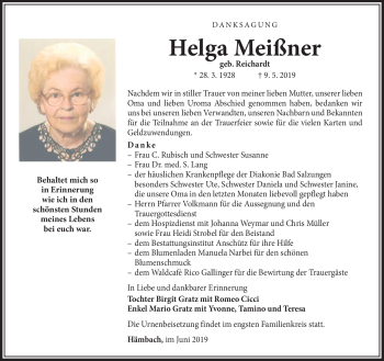 Traueranzeige von Helga Meißner von Südthüringer Presse