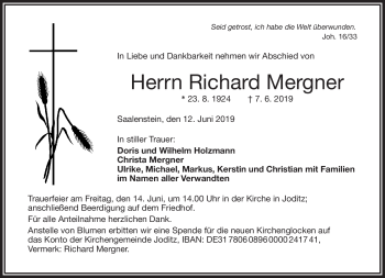 Traueranzeige von Richard Mergner von Frankenpost
