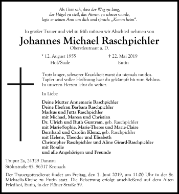 Traueranzeige von Johannes Raschpichler von Neue Presse Coburg