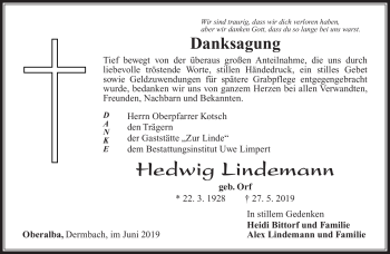 Traueranzeige von Hedwig Lindemann von Südthüringer Presse