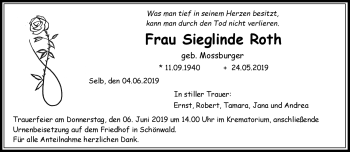 Traueranzeige von Sieglinde Roth von Frankenpost