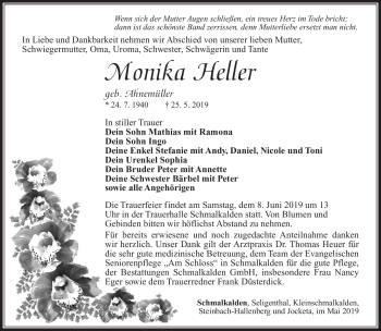 Traueranzeige von Monika Heller von Südthüringer Presse