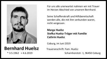 Traueranzeige von Bernhard Huelsz von Neue Presse Coburg