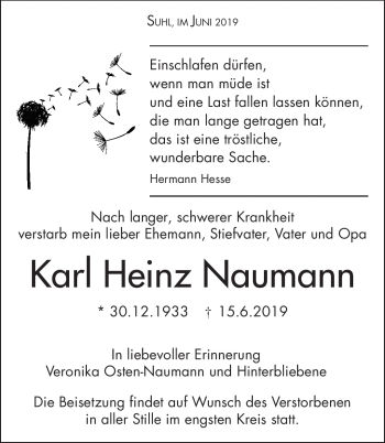 Traueranzeige von Karl Heinz Naumann von Südthüringer Presse