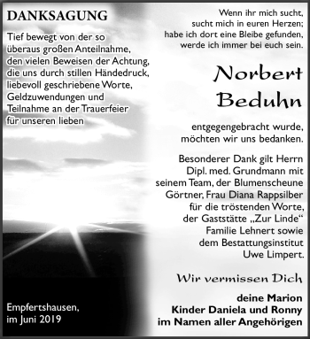 Traueranzeige von Norbert Beduhn von Südthüringer Presse