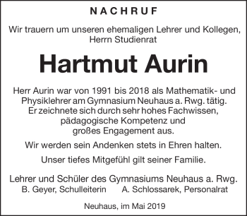 Traueranzeige von Hartmut Aurin von Südthüringer Presse