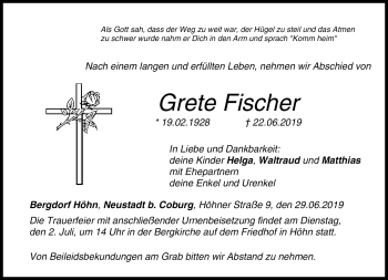 Traueranzeige von Grete Fischer von Neue Presse Coburg