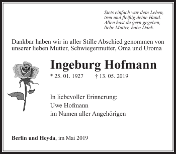 Traueranzeige von Ingeburg Hofmann von Südthüringer Presse