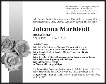 Traueranzeige von Johanna Machleidt von Südthüringer Presse