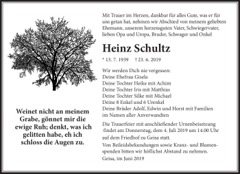 Traueranzeige von Heinz Schulz von Südthüringer Presse