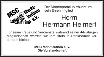 Traueranzeige von Hermann Heimerl von Frankenpost