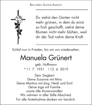 Traueranzeige von Manuela Grünert von Frankenpost