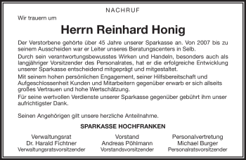 Traueranzeige von Reinhard Honig von Frankenpost