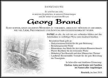 Traueranzeige von Georg Brand von Südthüringer Presse