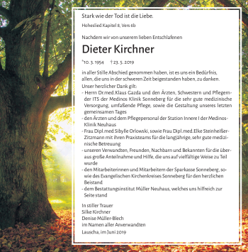 Traueranzeige von Dieter Kirchner von Südthüringer Presse