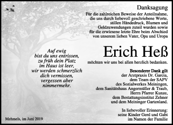 Traueranzeige von Erich Heß von Südthüringer Presse
