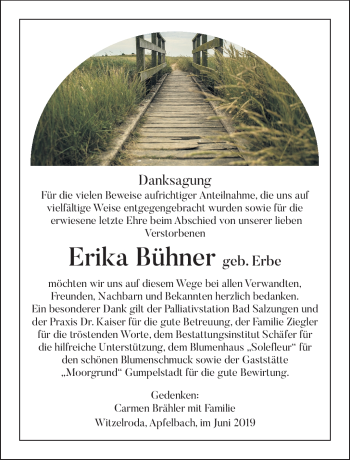 Traueranzeige von Erika Bühner von Südthüringer Presse