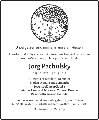Traueranzeige von Jörg Pachulsky von Südthüringer Presse