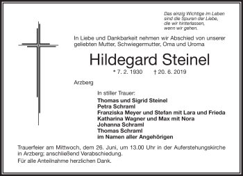 Traueranzeige von Hildegard Steinel von Frankenpost