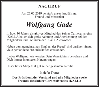 Traueranzeige von Wolfgang Gade von Südthüringer Presse