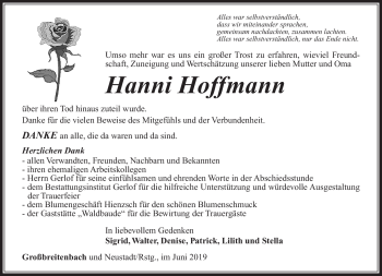 Traueranzeige von Hanni Hoffmann von Südthüringer Presse