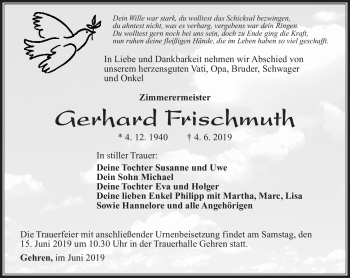 Traueranzeige von Gerhard Frischmuth von Südthüringer Presse