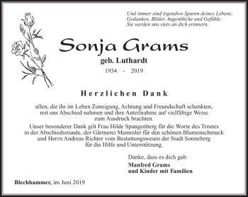 Traueranzeige von Sonja Grams von Südthüringer Presse