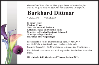 Traueranzeige von Burkhard Dittmar von Südthüringer Presse