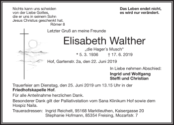 Traueranzeige von Elisabeth Walther von Frankenpost