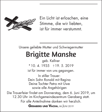 Traueranzeige von Brigitte Manske von Südthüringer Presse