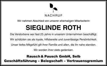 Traueranzeige von Sieglinde Roth von Frankenpost