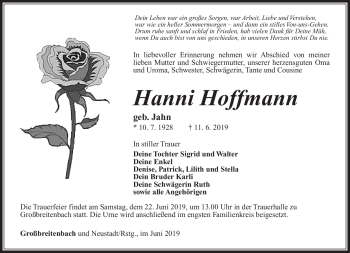 Traueranzeige von Hanni Hoffmann von Südthüringer Presse