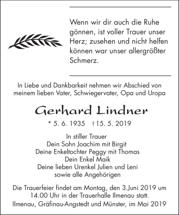 Traueranzeige von Gerhard Lindner von Südthüringer Presse