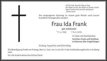 Traueranzeige von Ida Frank von Frankenpost